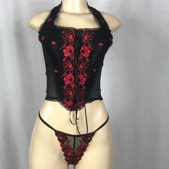 Leg Avenue Size Small 1990’s V Crop 2pc Lace Corset Cami Top w/G-String New - Picture 1 of 4